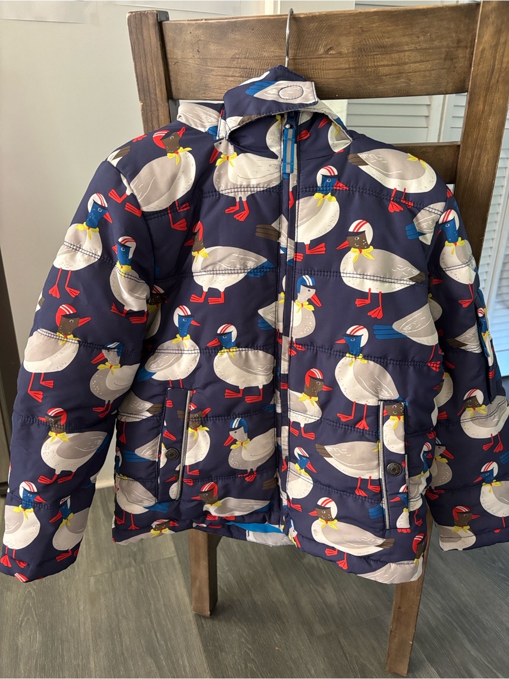 Mini Boden Navy Puffer Jacket with Duck Print and Red Accents